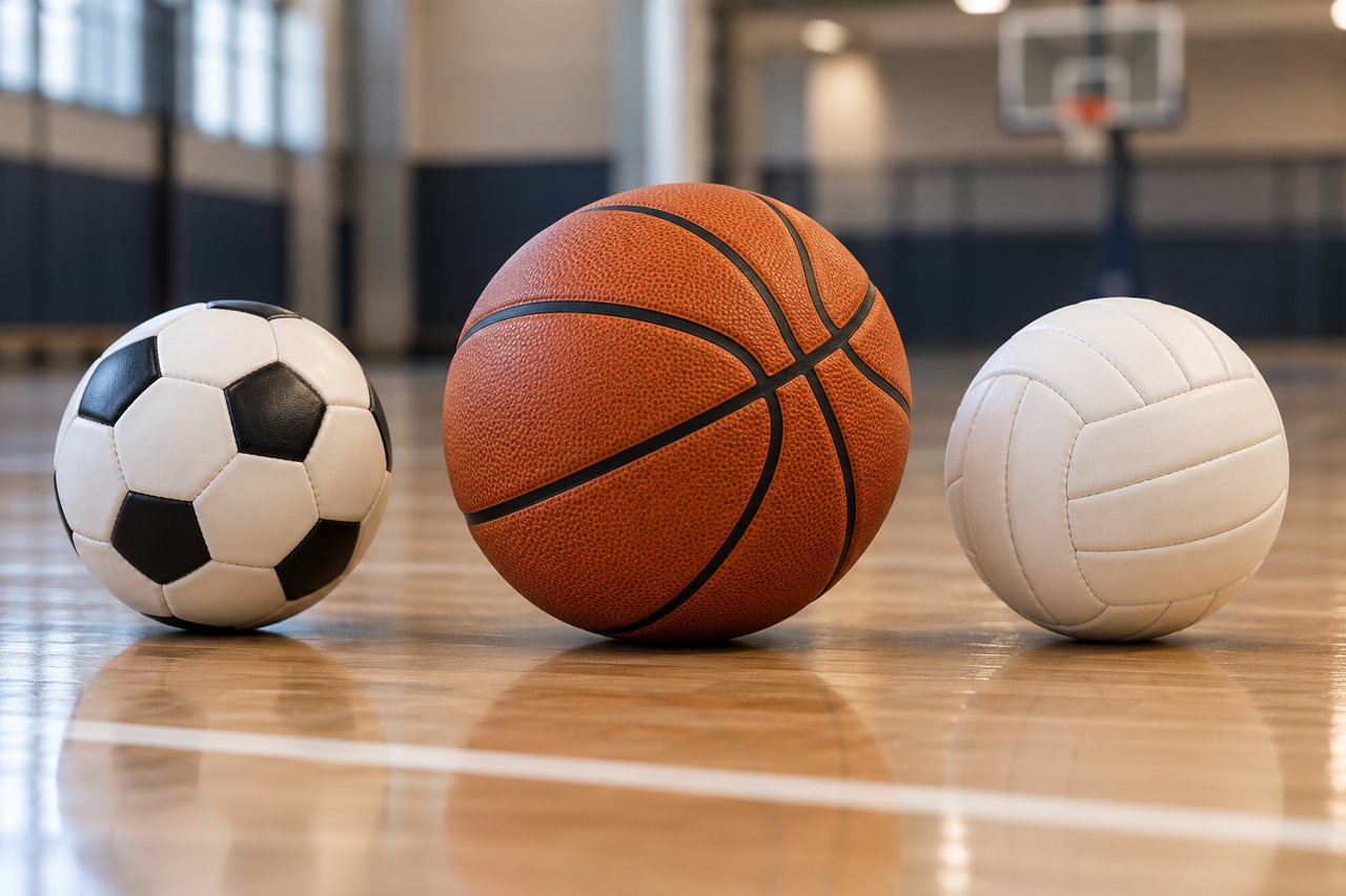 Bolas de futebol, basquete e vôlei sem marcas sobre o piso de uma quadra coberta.