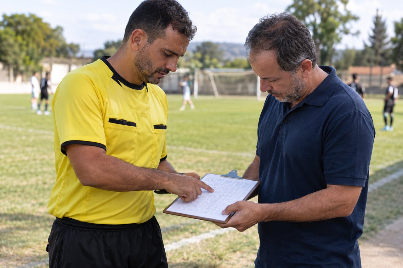 Árbitro de camiseta amarela e organizador de polo azul examinam uma tabela em prancheta na lateral de um campo de futebol.