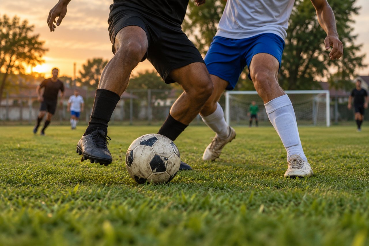 Jogadores adultos disputam uma bola em um campo de futebol comunitário.