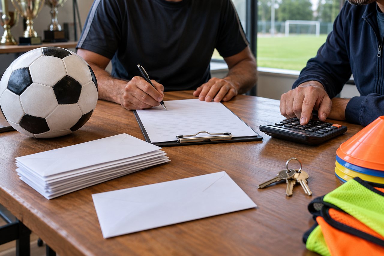 Dois organizadores adultos com prancheta e calculadora em uma mesa com bola de futebol, envelopes, chaves, cones e coletes.