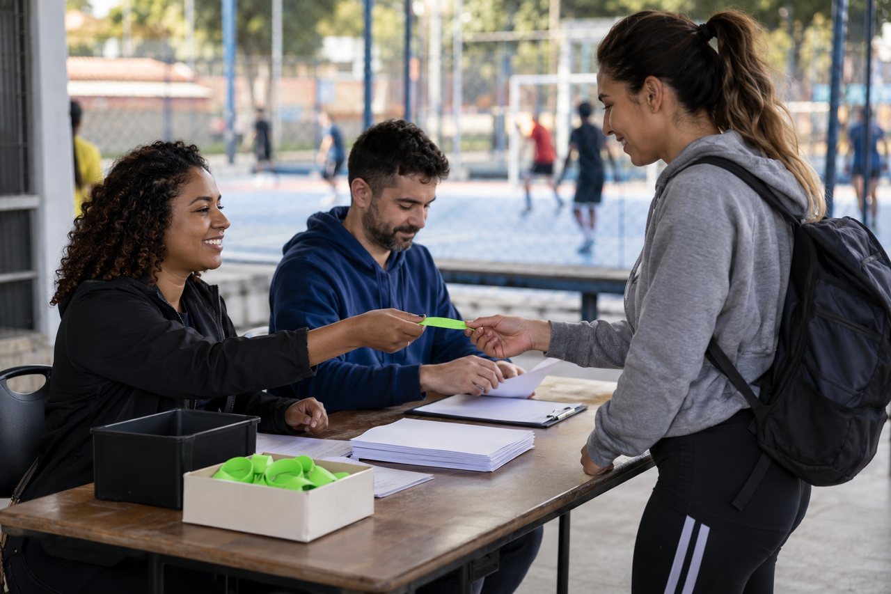 Voluntários adultos entregam uma pulseira lisa a uma participante em uma mesa de inscrições ao lado de uma quadra esportiva.