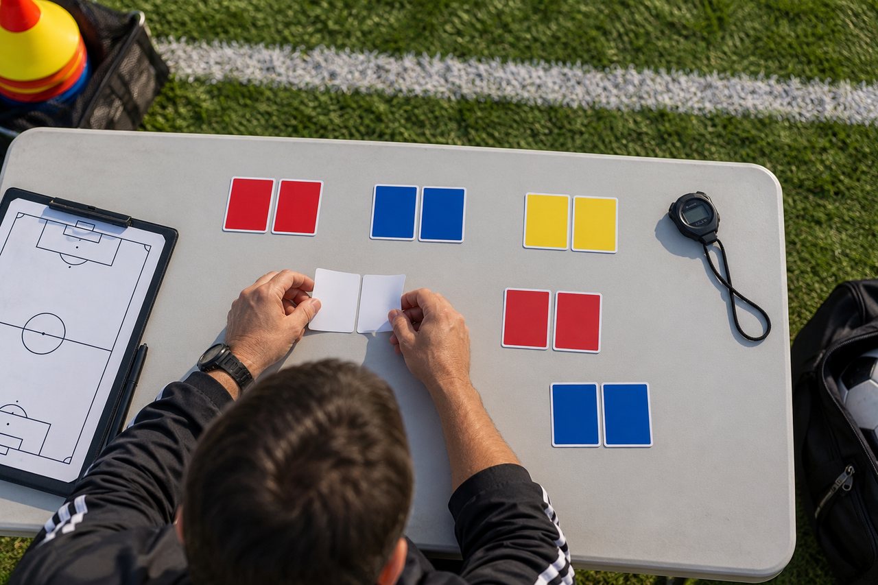 Organizador adulto visto de cima arrumando cartões coloridos em pares sobre uma mesa ao lado de um campo de futebol.